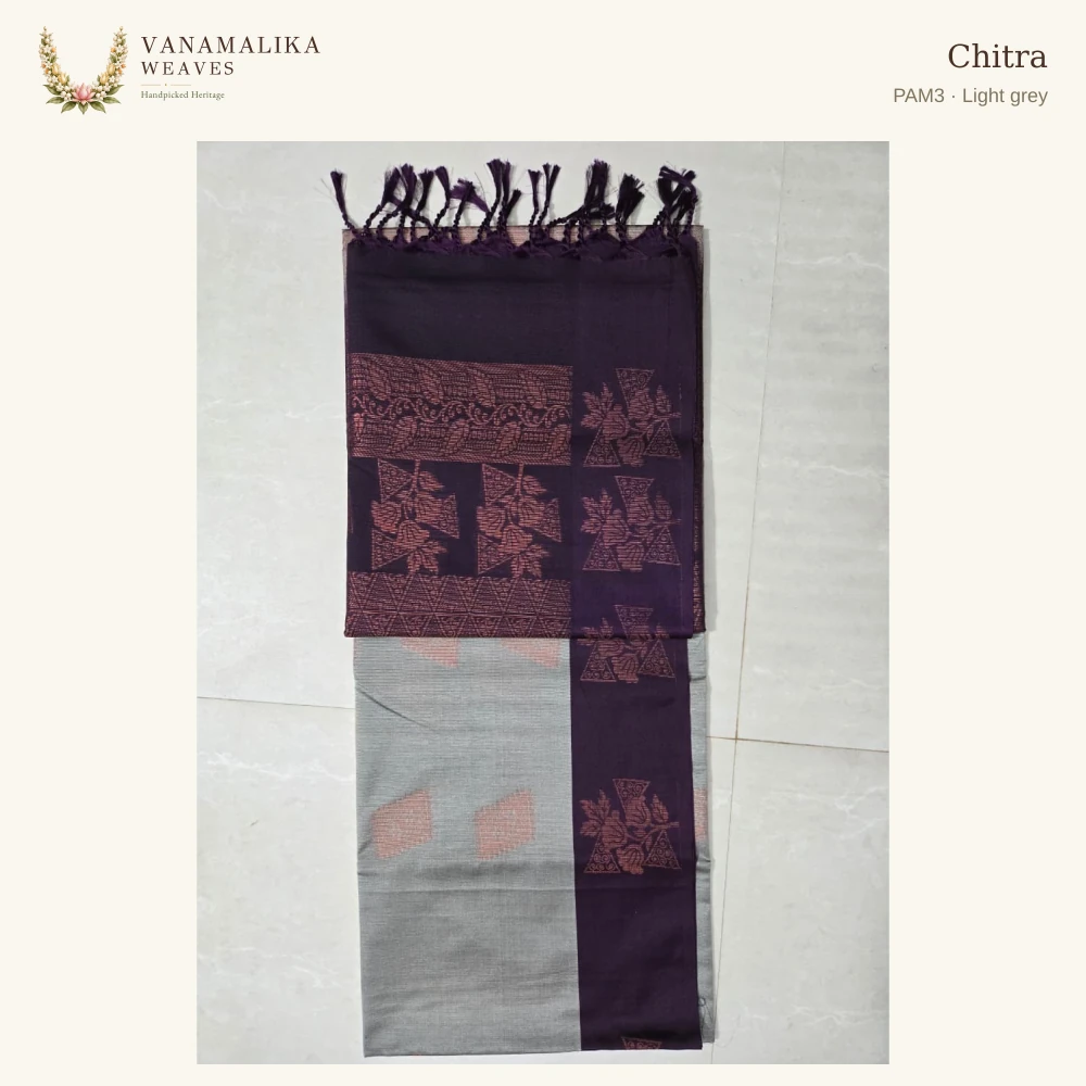 Chitra PAM3 — Light grey, full saree body and pallu