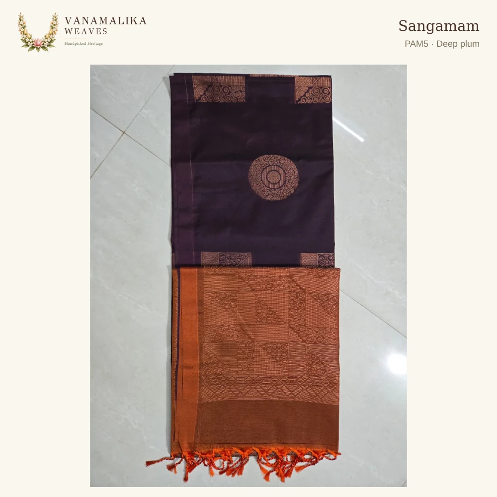 Sangamam PAM5 — Deep plum, full saree body and pallu