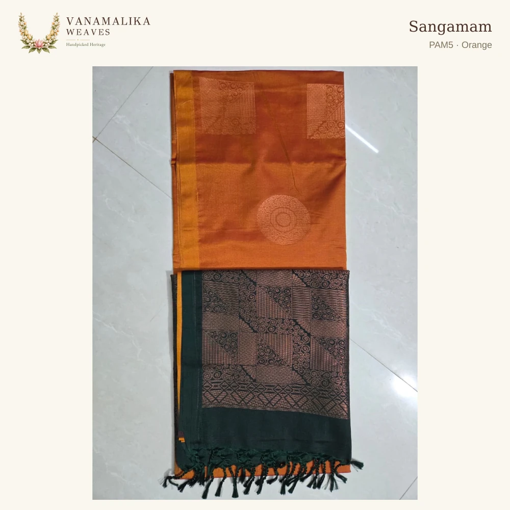 Sangamam PAM5 — Orange, full saree body and pallu