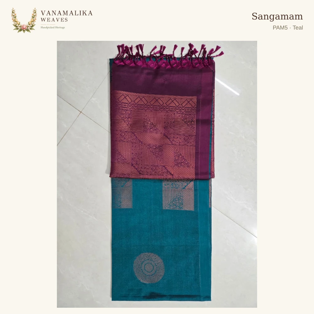 Sangamam PAM5 — Teal, full saree body and pallu