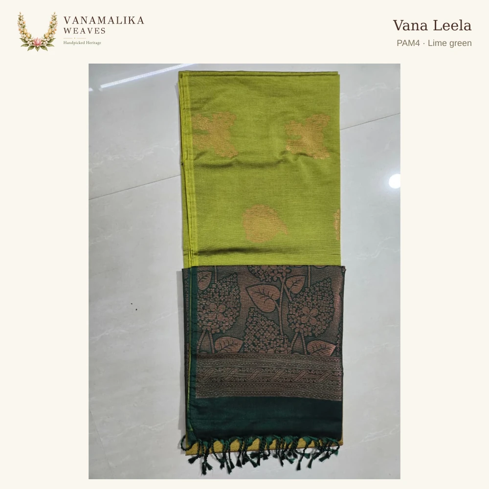 Vana Leela PAM4 — Lime green, full saree body and pallu