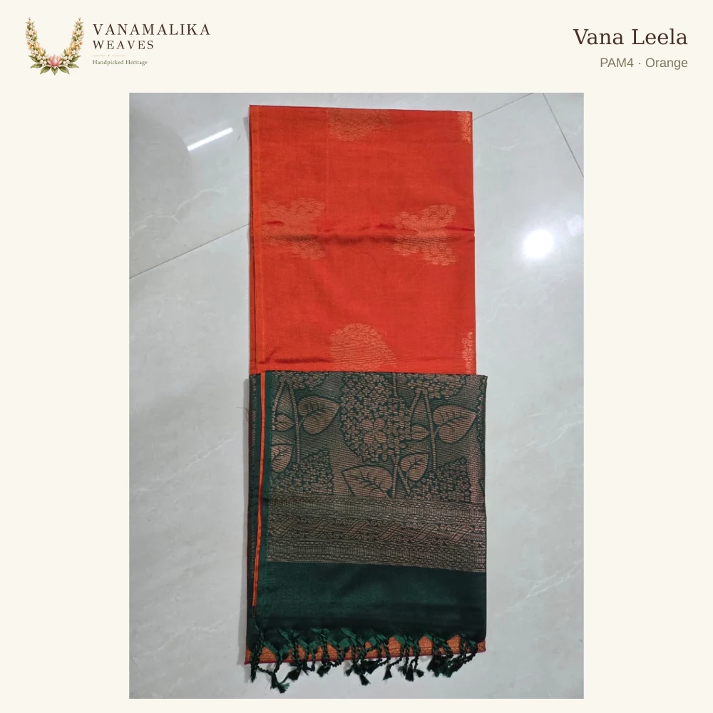 Vana Leela PAM4 — Orange, full saree body and pallu