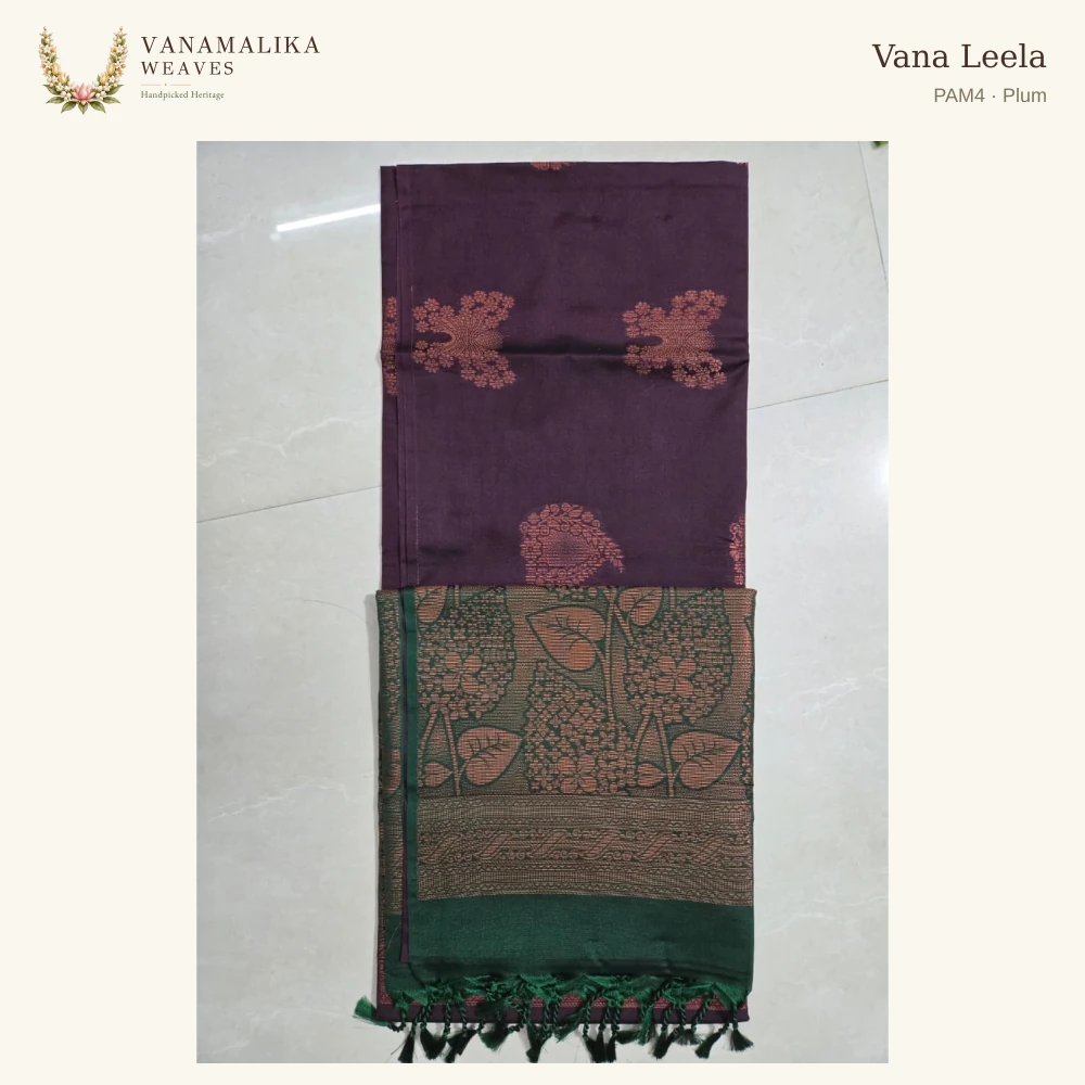 Vana Leela PAM4 — Plum, full saree body and pallu