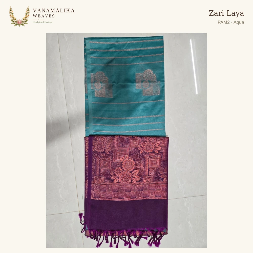 Zari Laya PAM2 — Aqua, full saree body and pallu