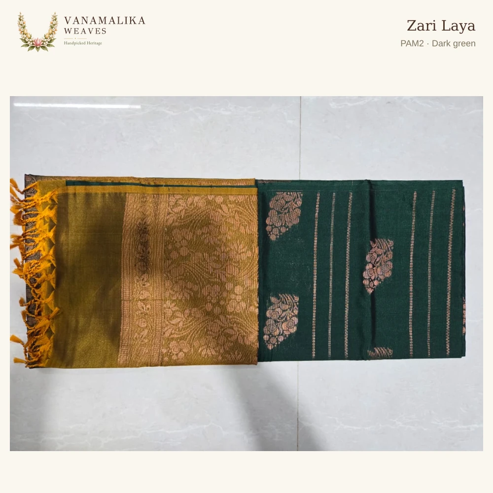 Zari Laya PAM2 — Dark green, full saree body and pallu