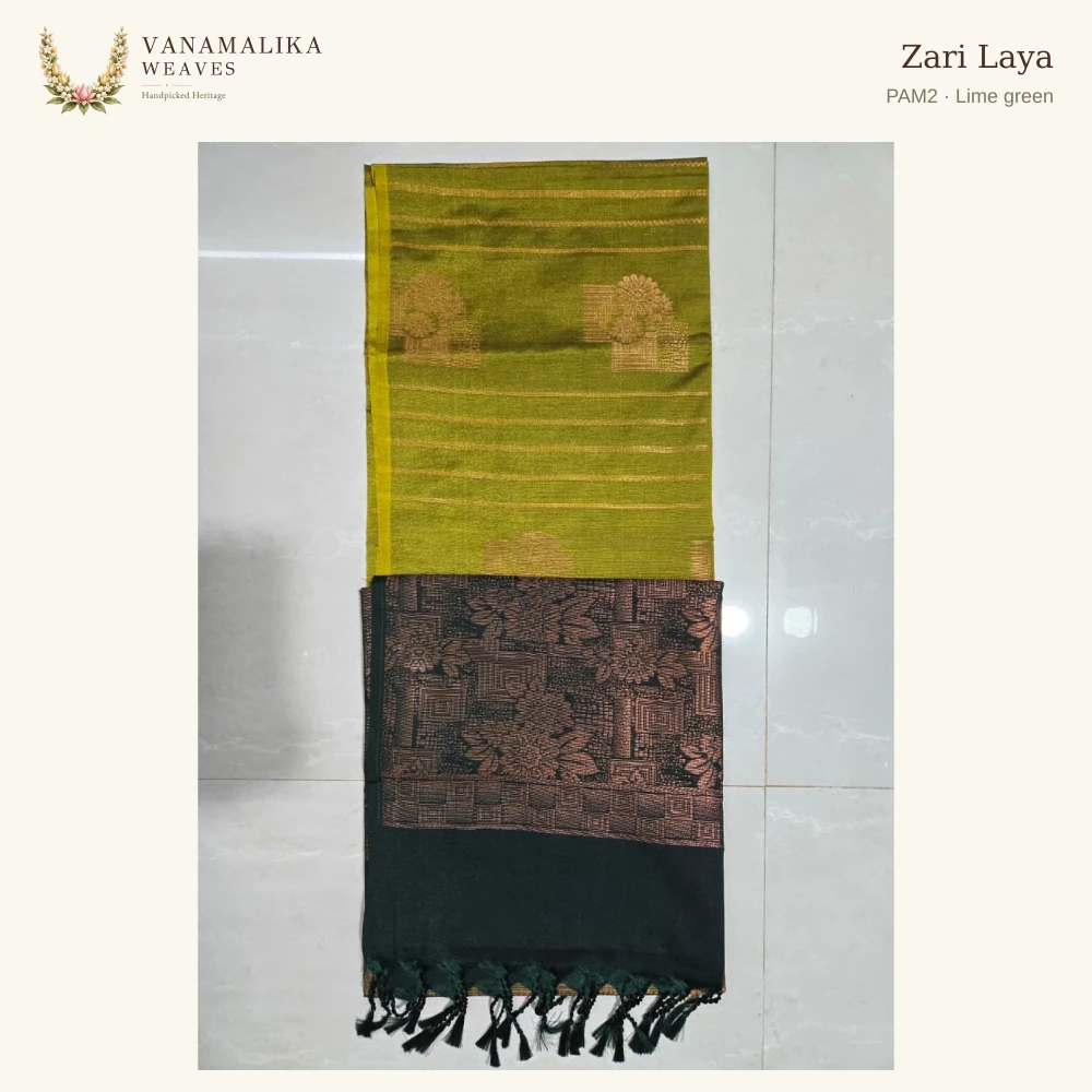 Zari Laya PAM2 — Lime green, full saree body and pallu