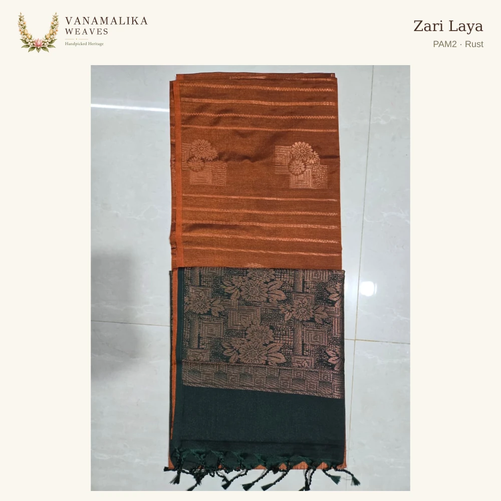 Zari Laya PAM2 — Rust, full saree body and pallu