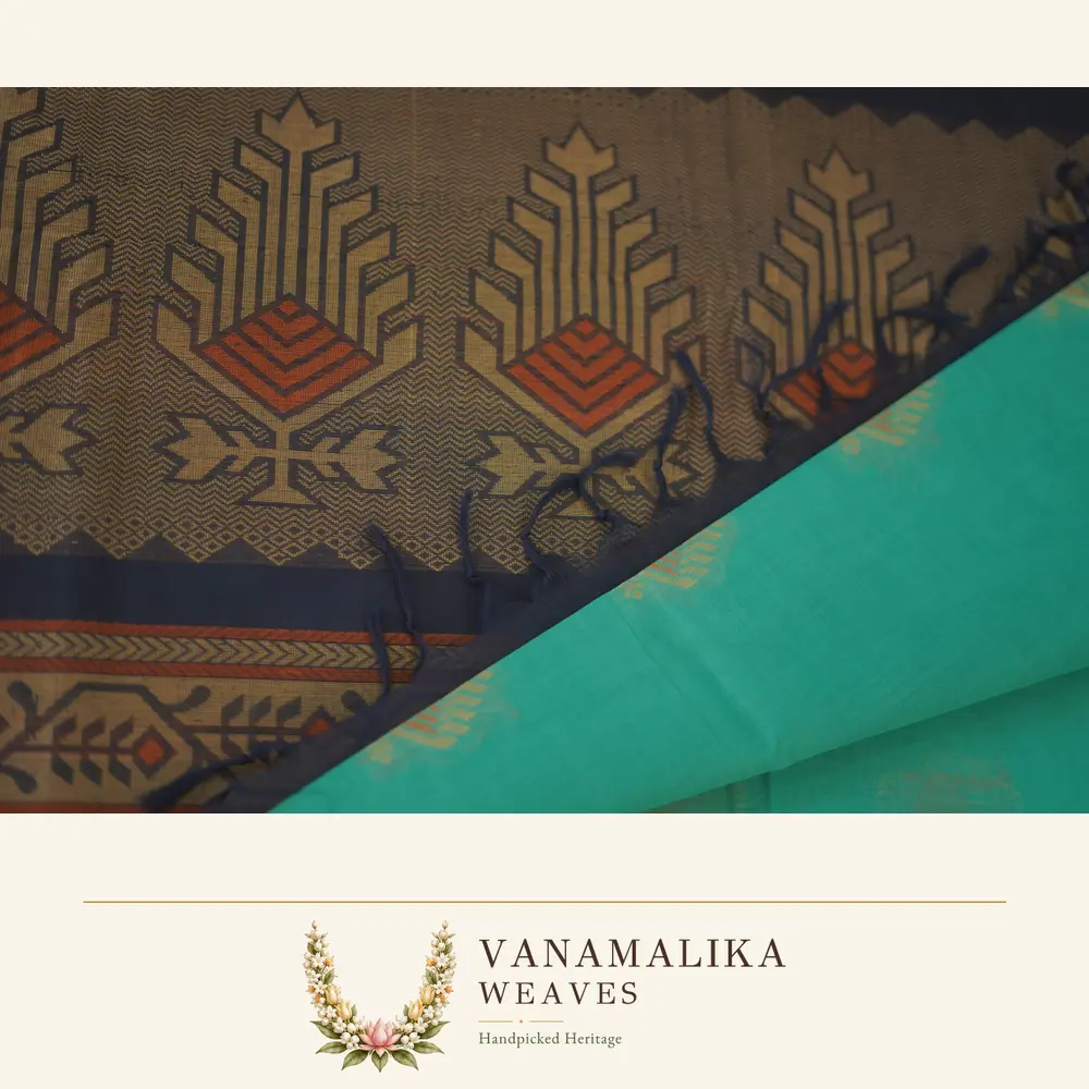 Stylised Leaf Motif Negamam Handloom Cotton Saree — Aqua Blue — view 2