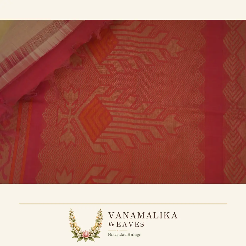 Stylised Leaf Motif Negamam Handloom Cotton Saree — Sandal Cream — view 2