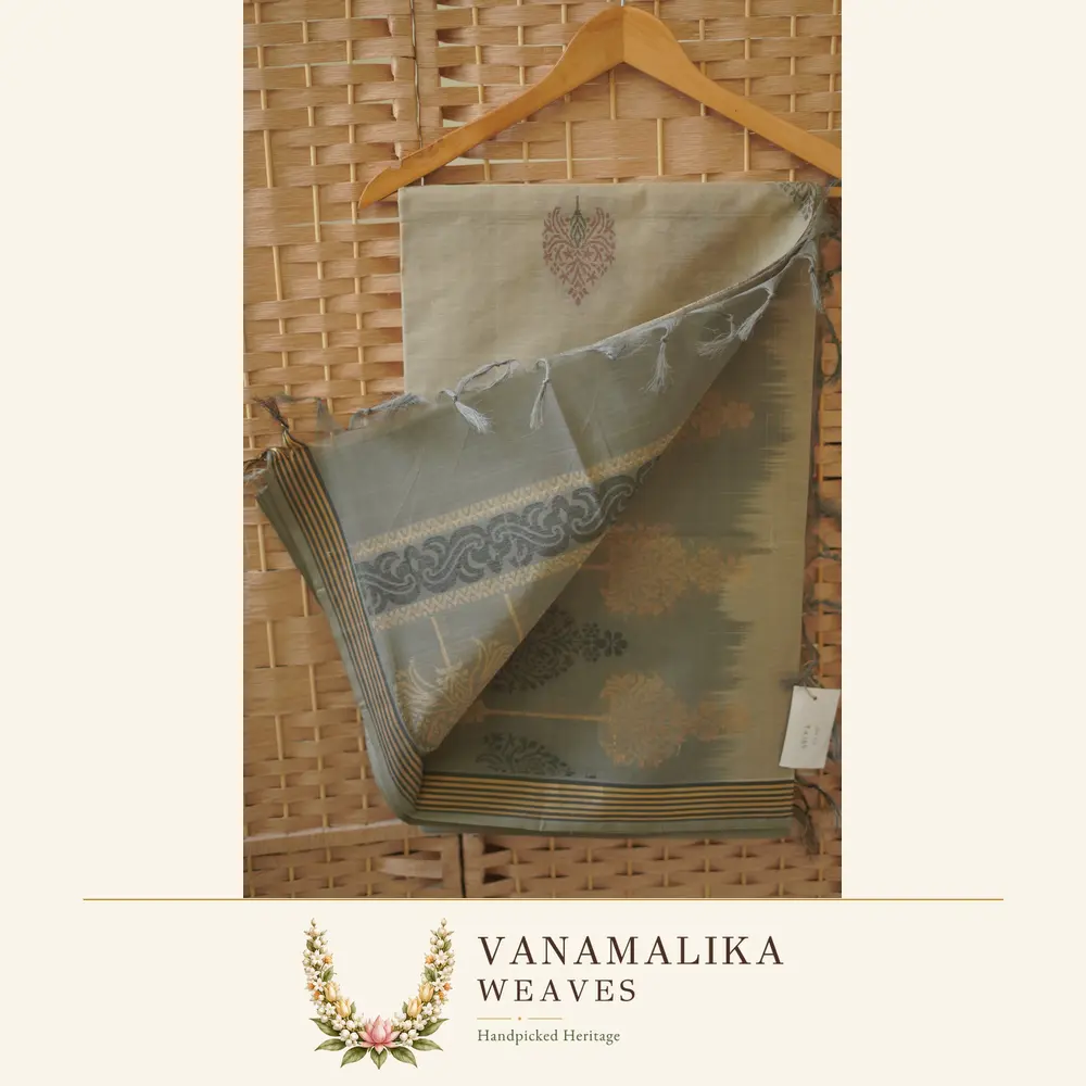 Ornate Pendant Motif Negamam Handloom Cotton Saree — Sage Grey — view 2