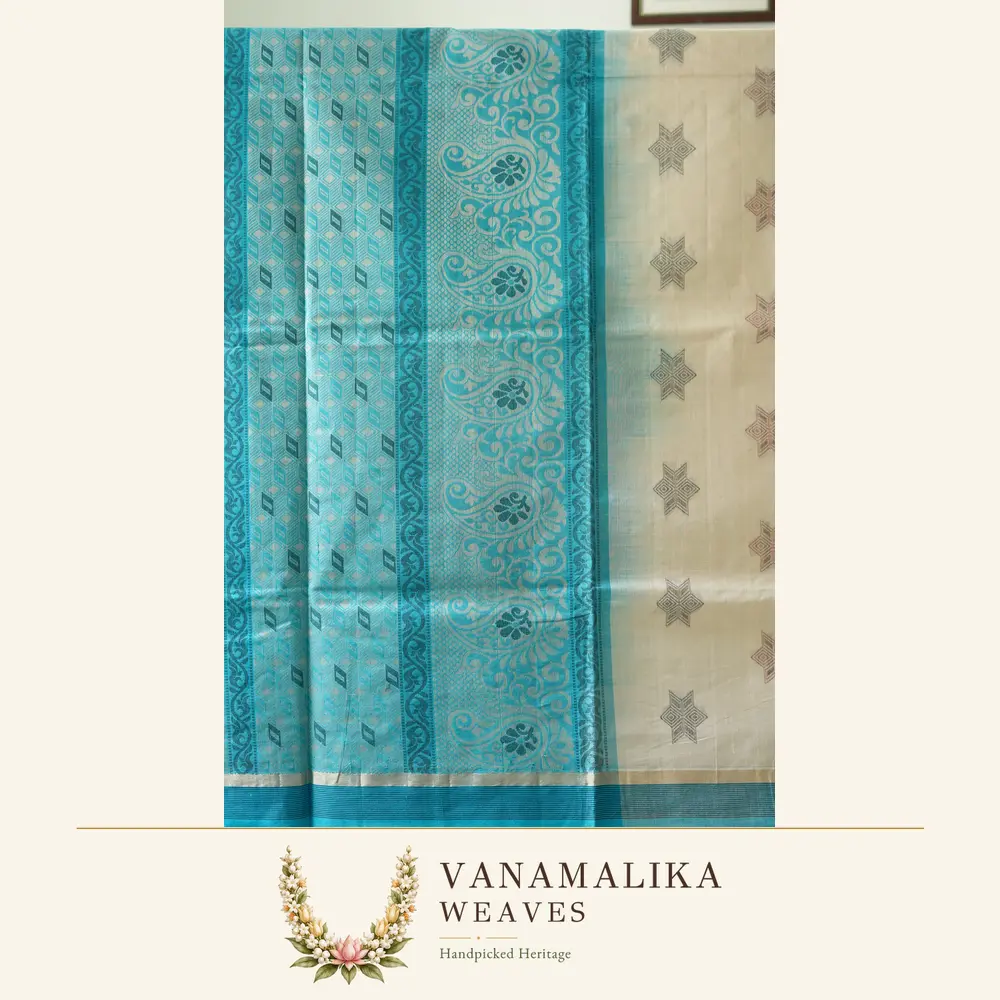 Geometric Star Butta Negamam Handloom Cotton Saree — Ivory — view 2