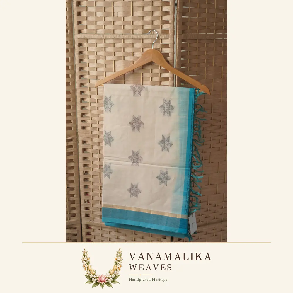 Geometric Star Butta Negamam Handloom Cotton Saree — Ivory