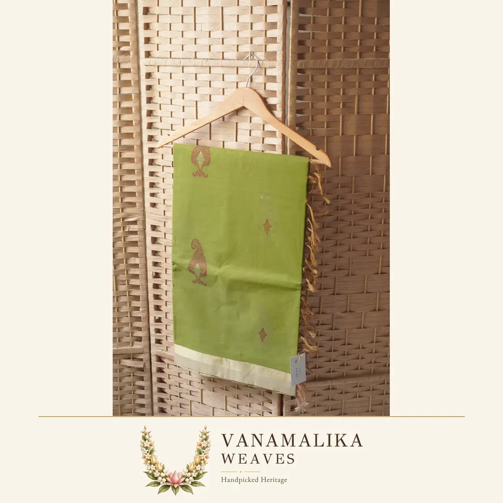 Iruthalaipakshi-Inspired Meenakari type Butta Negamam Handloom Cotton Saree — Pistachio Green