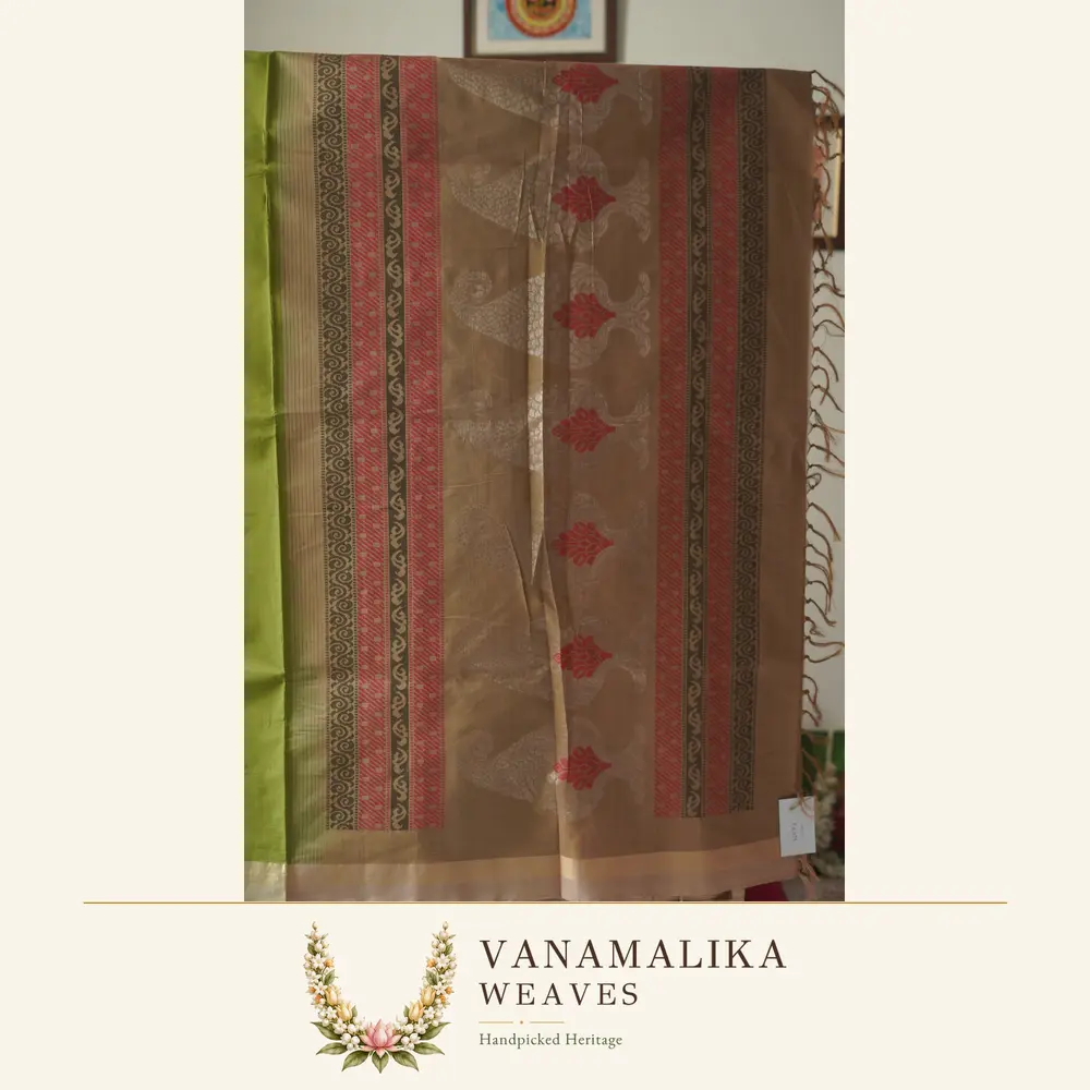 Iruthalaipakshi-Inspired Meenakari type Butta Negamam Handloom Cotton Saree — Pistachio Green — view 2